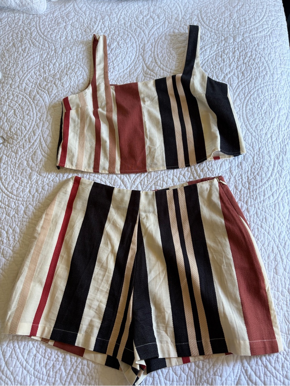 Striped Two-Piece Crop Top and Shorts Set - Cream, Black & Rust